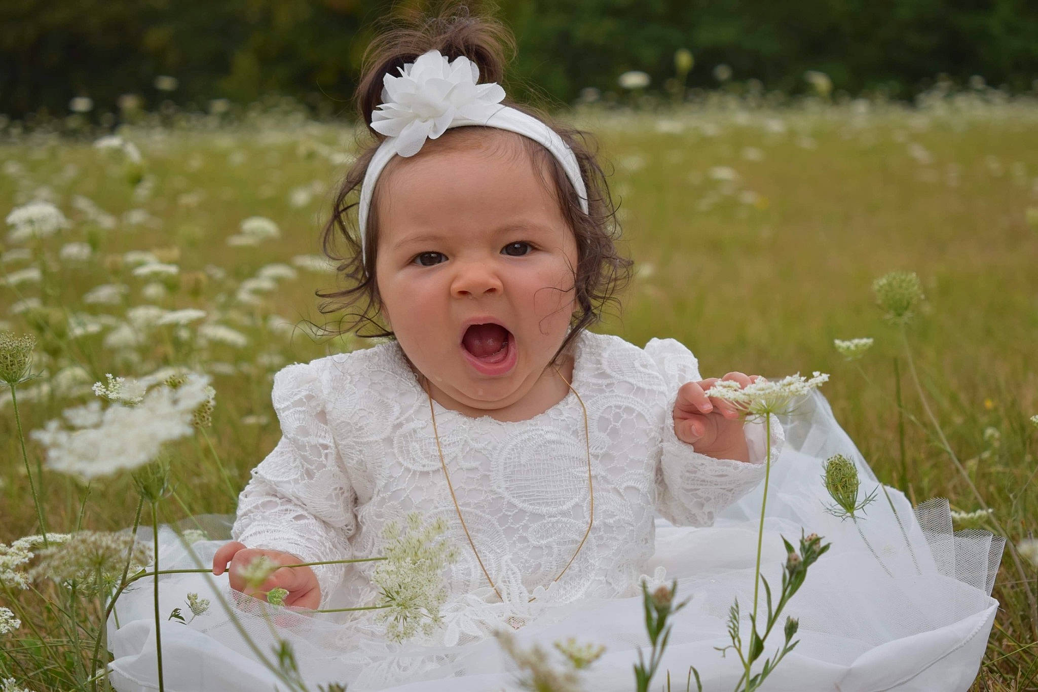 Nina participe au concours pour gagner de l'argent avec cette photo : baby_toddler_clothing, dress, eye, face, facial_expression, flash_photography, gesture, hairstyle, happy, head, iris, leaf, lip, people_in_nature, person, petal, plant, skin, sleeve, smile