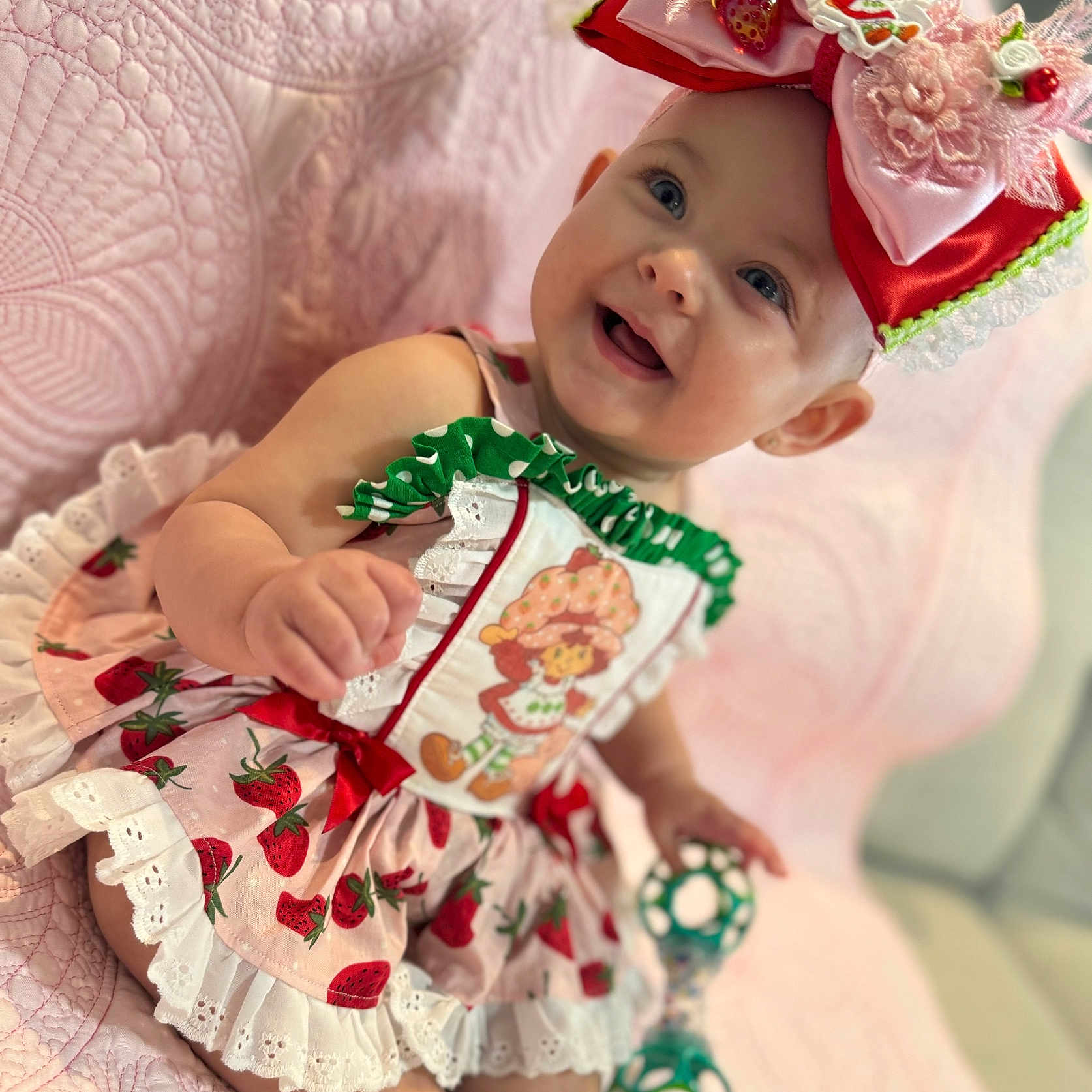 Arya Rose joined the competition — help win amazing prizes! accessories, baby, babylaughing, bodypart, bonnet, cap, clothing, costume, dress, face, finger, formalwear, happy, hat, head, person, photography, portrait, sitting, smile