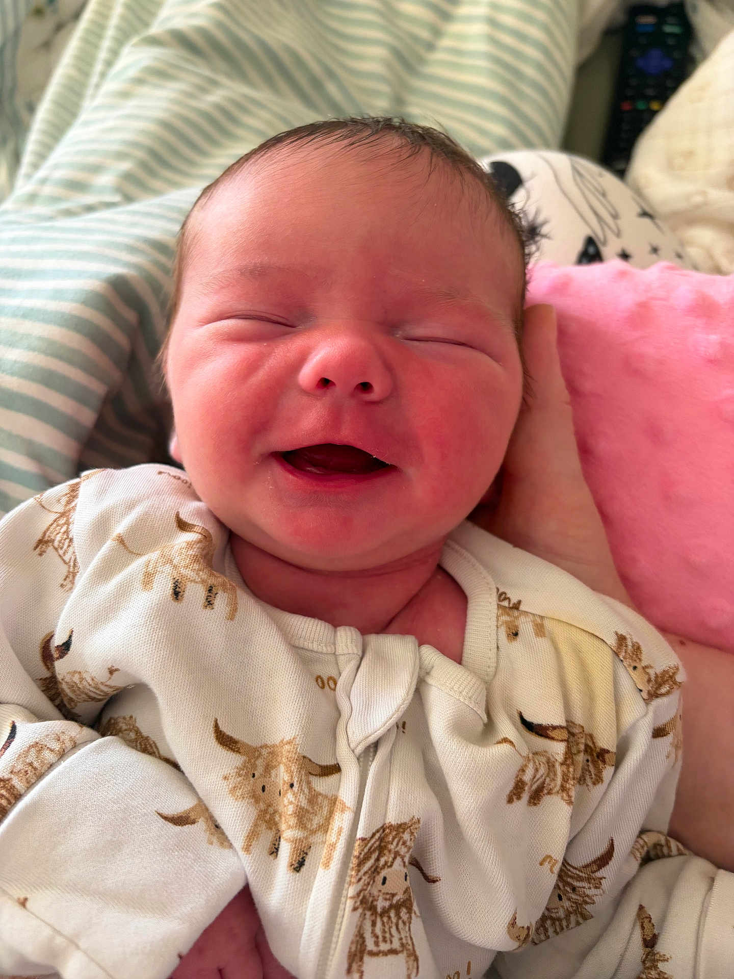 Annabelle is registered to the contest to win money with this photo: newborn, baby, smiling, sleeping, onesie, animal_print, blanket, pink_plush, cute, infant, child, cozy, happy, resting, soft, portrait, closeup, human, peaceful, hand