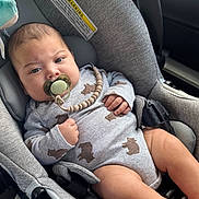 Milán is registered to the contest to win money with this photo: baby, bear_pattern, car_interior, car_seat, child, child_safety, closeup, comfort, cute, gray, hand, infant, leg, onesie, pacifier, relaxing, seatbelt, sitting, soft_texture, toy