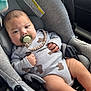 baby, bear_pattern, car_interior, car_seat, child, child_safety, closeup, comfort, cute, gray, hand, infant, leg, onesie, pacifier, relaxing, seatbelt, sitting, soft_texture, toy