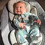 Milán is registered to the contest to win money with this photo: baby, baby_gear, baby_rocker, bunny_pattern, child, clothing, comfortable, cute, floor_tiles, footed_pajamas, gray, happy, indoor, infant, onesie, portrait, seated, smiling, soft_fabric, sunlight
