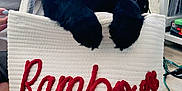Rambo is registered to the contest to win money with this photo: adorable, animal, bag, black_dog, cozy, cute, dog, embroidery, fan, floor, indoor, paws, person, pet, photograph, puppy, red_text, shelf, sitting, white_bag