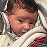 baby, blanket, child, closeup, clothing, cozy, cute, expression, face, head, indoor, infant, newborn, person, plaid, portrait, resting, sleepwear, soft, warm