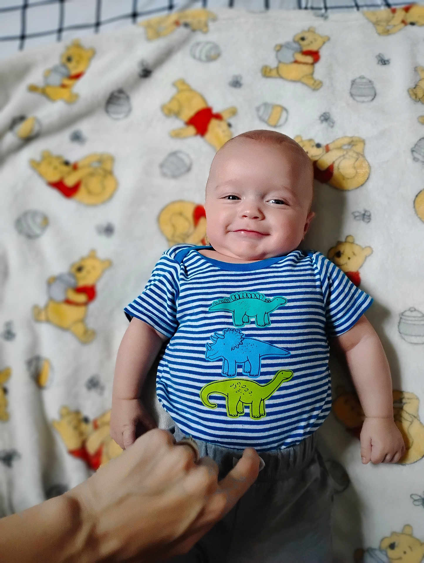 Elieh is registered to the contest to win money with this photo: baby, child, infant, smile, striped_shirt, dinosaur_print, hand, blanket, winnie_the_pooh, cartoon, pattern, lying_down, cute, happy, indoors, soft_toys, playful, portrait, clothing, person