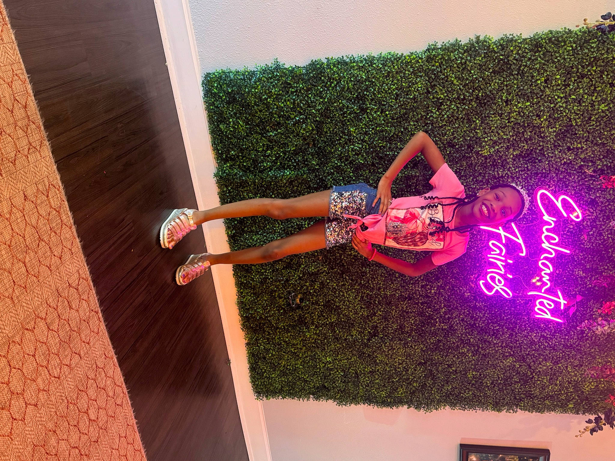 Nalah is registered to the contest to win money with this photo: art, font, fun, grass, happy, human_leg, joy, landscape, leisure, magenta, pattern, person, pink, plant, rectangle, sandal, thigh, tints_and_shades, tree, visual_arts