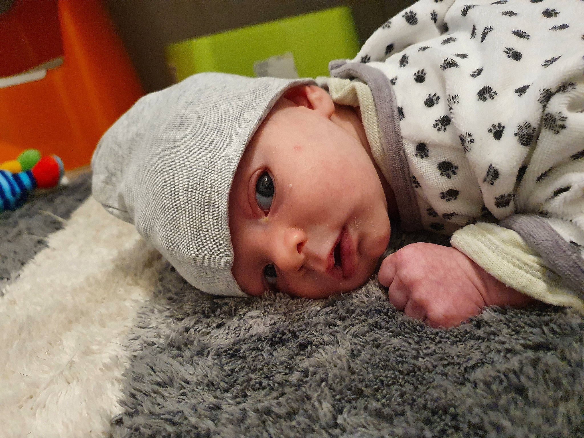 Owen a rejoint le concours — aidez-le/la à gagner de superbes lots ! baby, baby_toddler_clothing, cheek, child, comfort, couch, eye, face, flooring, fur, grass, head, headgear, headwear, knit_cap, linens, nose, pattern, person, skin