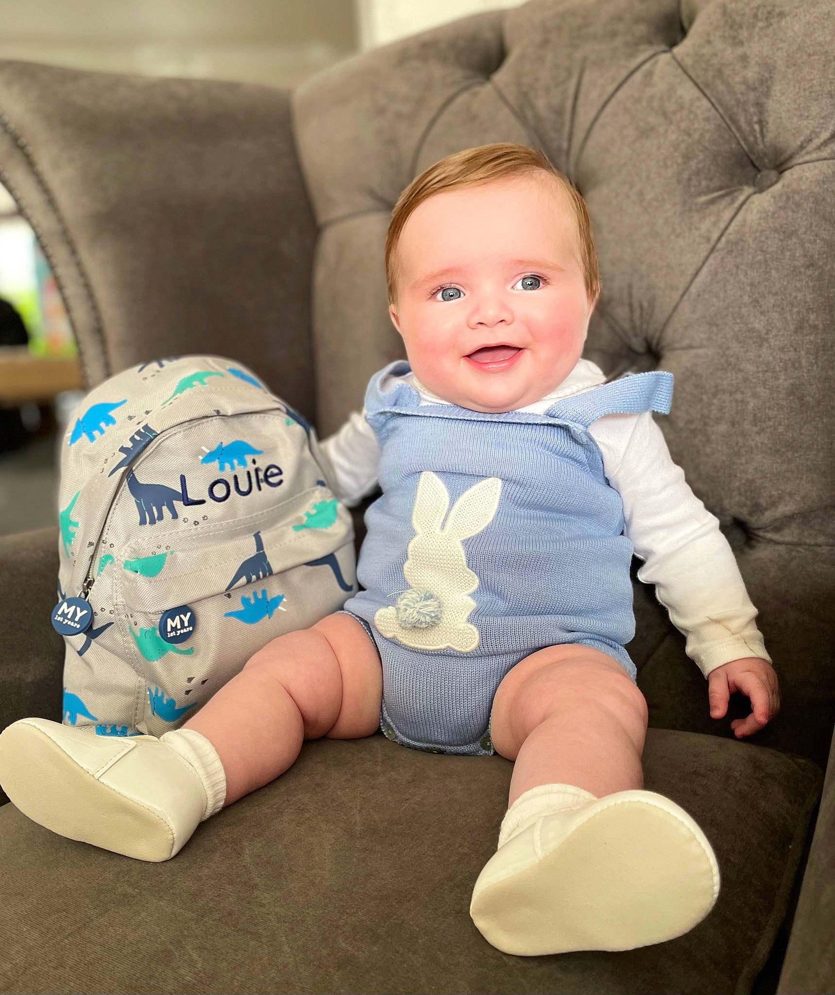 Louie joined the competition — help win amazing prizes! arm, azure, baby, baby_toddler_clothing, comfort, couch, finger, happy, head, joy, knee, lap, leg, person, product, skin, sleeve, smile, t_shirt, textile