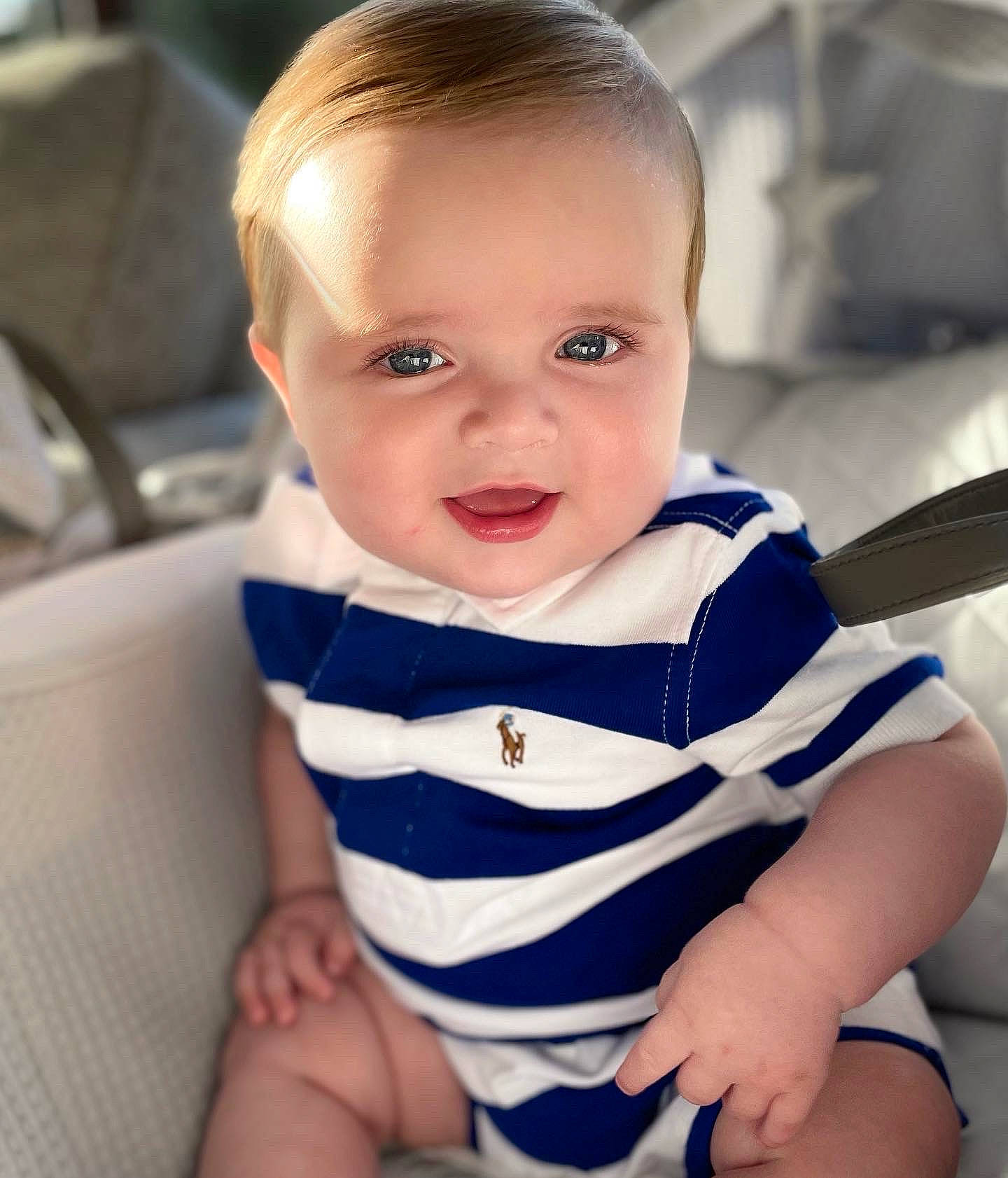Louie joined the competition — help win amazing prizes! baby, baby_toddler_clothing, cheek, child, collar, comfort, electric_blue, eye, eyelash, face, hairstyle, happy, head, pattern, person, product, sitting, skin, sleeve, smile