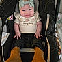 baby, infant, child, car_seat, smiling, headband, clothing, boots, jeans, cute, adorable, happy, portrait, indoors, seat, fabric, person, apparel, accessory, closeup