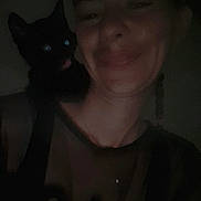 Bagherra participe au concours pour gagner de l'argent avec cette photo : person, cat, black_cat, shoulder, smile, face, dark, low_light, glowing_eyes, tongue_out, indoor, portrait, cute, pet, animal, feline, mystery, shadow, happy, closeup