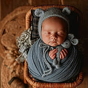 Maylo a rejoint le concours — aidez-le/la à gagner de superbes lots ! baby, newborn, sleeping, wrapped, knit_hat, plush_toy, mouse, basket, wicker, wooden_floor, cozy, soft_texture, cute, infant, child, peaceful, portrait, indoors, warm_lighting, hands