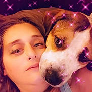 Bordeaux Dean joined the competition — help win amazing prizes! woman, dog, face, pet, cuddle, selfie, sparkles, purple, closeup, portrait, indoor, skin, animal, happy, companion, head, love, affection, casual, relax