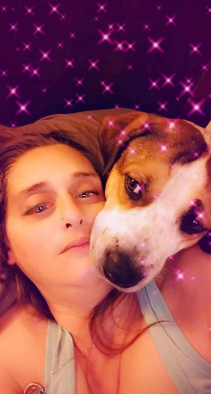 Bordeaux Dean joined the competition — help win amazing prizes! woman, dog, face, pet, cuddle, selfie, sparkles, purple, closeup, portrait, indoor, skin, animal, happy, companion, head, love, affection, casual, relax