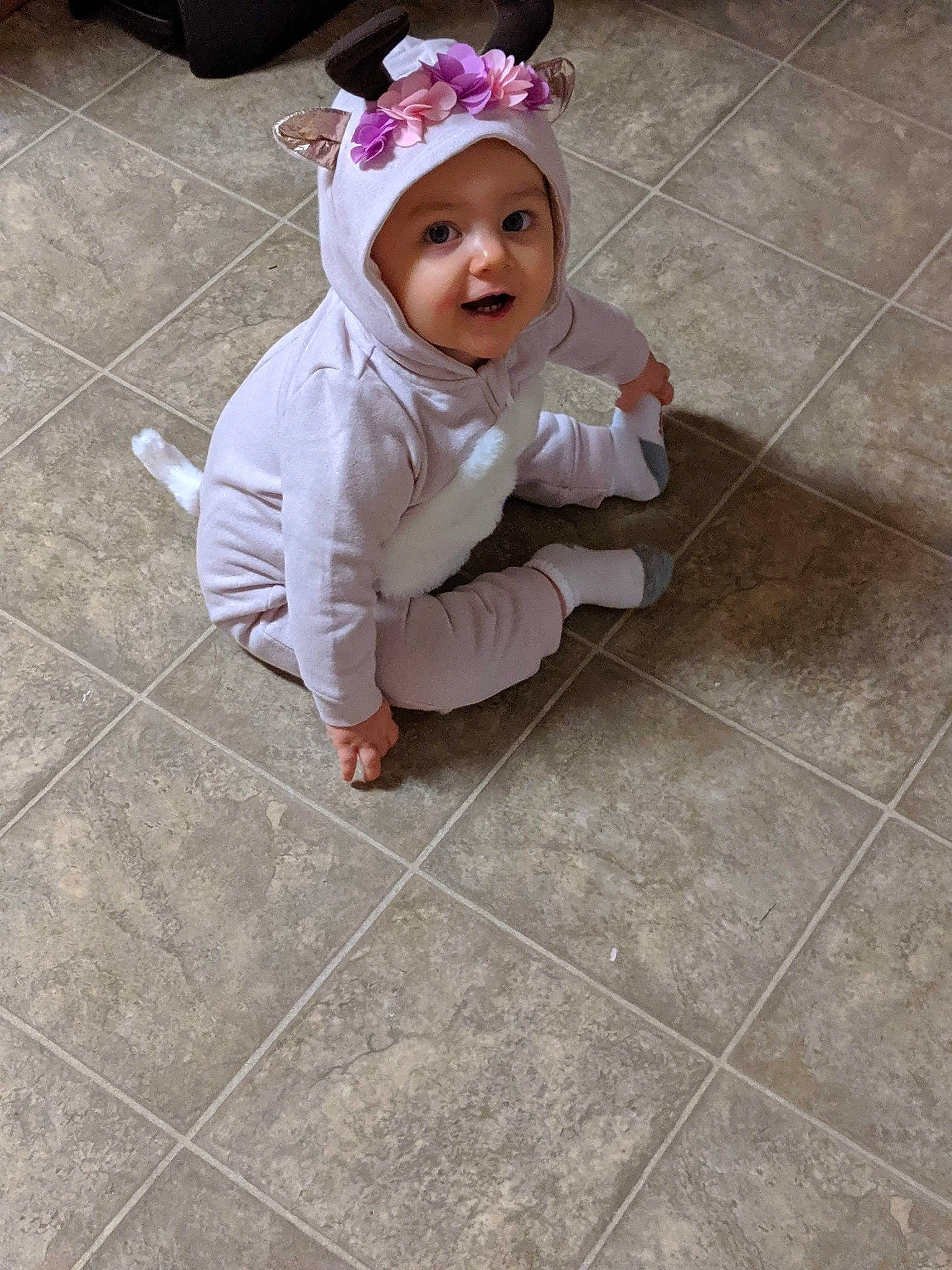 Adeline joined the competition — help win amazing prizes! baby, child, floor, flooring, fun, head, headgear, headwear, person, pink, skin, smile, toddler