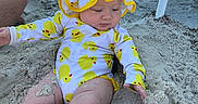 Blakeley joined the competition — help win amazing prizes! baby, child, sand, beach, sunhat, swimsuit, yellow, duck_pattern, legs, arm, vehicle, tire, sky, outdoor, sunny, people, exploring, curious, summer, vacation