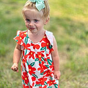 Evelina joined the competition — help win amazing prizes! child, toddler, girl, bow, blonde_hair, blue_eyes, floral_dress, outdoor, grass, summer, cute, portrait, smile, walking, happy, fashion, nature, sunlight, playful, person