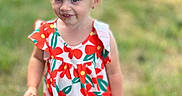 Evelina joined the competition — help win amazing prizes! blonde_hair, blue_eyes, bow, child, cute, fashion, floral_dress, girl, grass, happy, nature, outdoor, person, playful, portrait, smile, summer, sunlight, toddler, walking