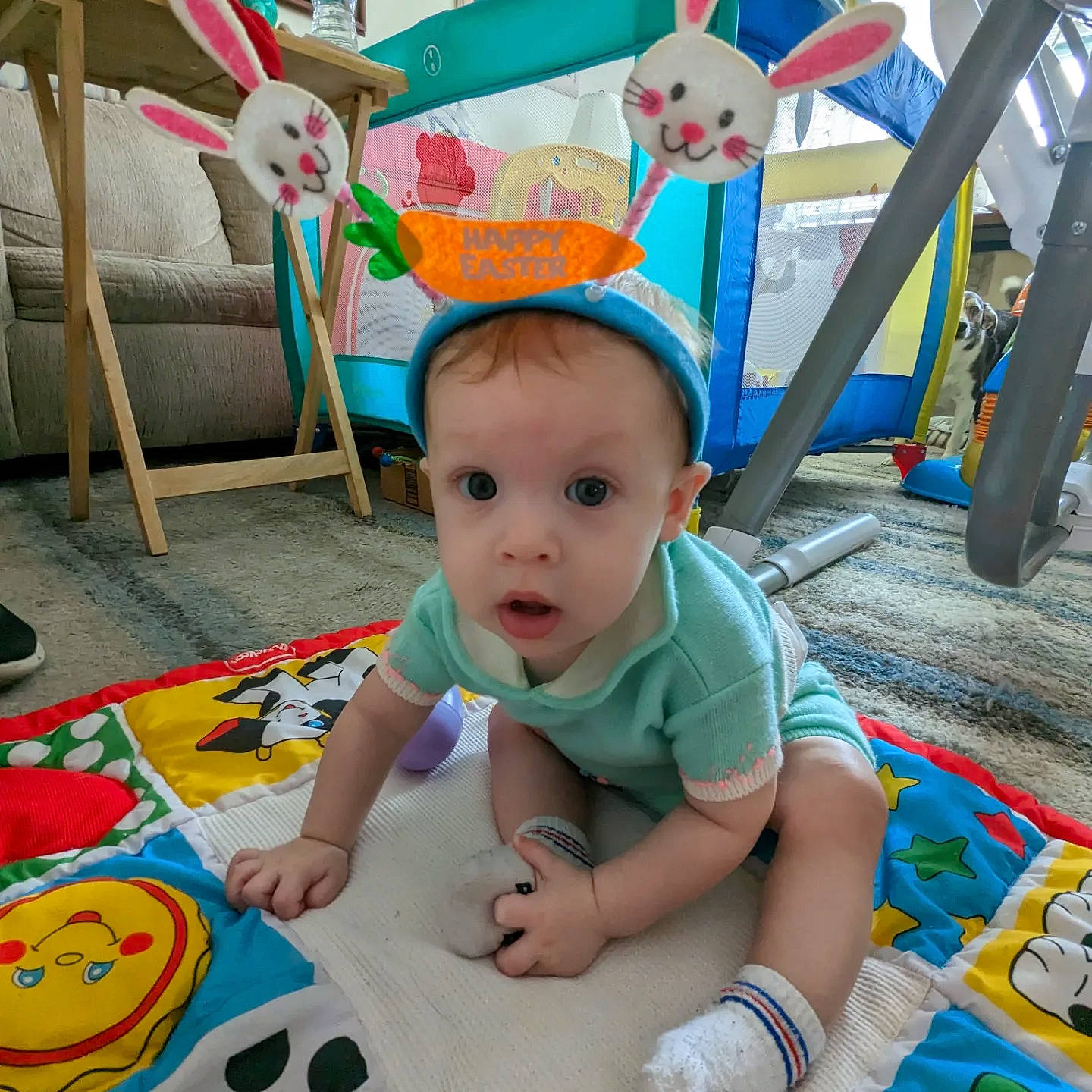 Ethan is registered to the contest to win money with this photo: baby, baby_toddler_clothing, child, costume_hat, flooring, fun, happy, hat, kindergarten, leisure, person, photograph, play, recreation, room, sitting, snapshot, surprise, toddler, vacation
