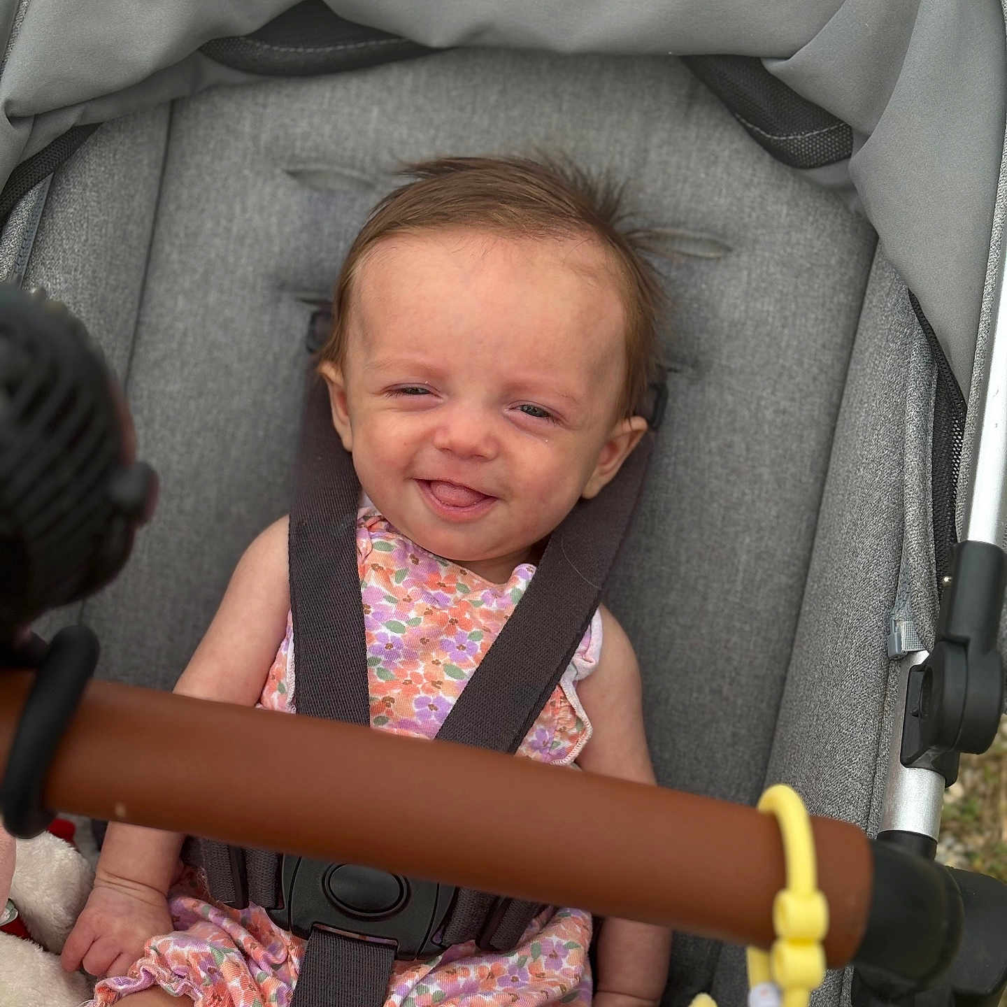 Lynleigh joined the competition — help win amazing prizes! baby, baby_clothes, baby_toy, casual, child, closeup, cute, cute_expression, floral_outfit, happy, harness, infant, outdoor, person, playful, safety_strap, seat, smiling, stroller, toy