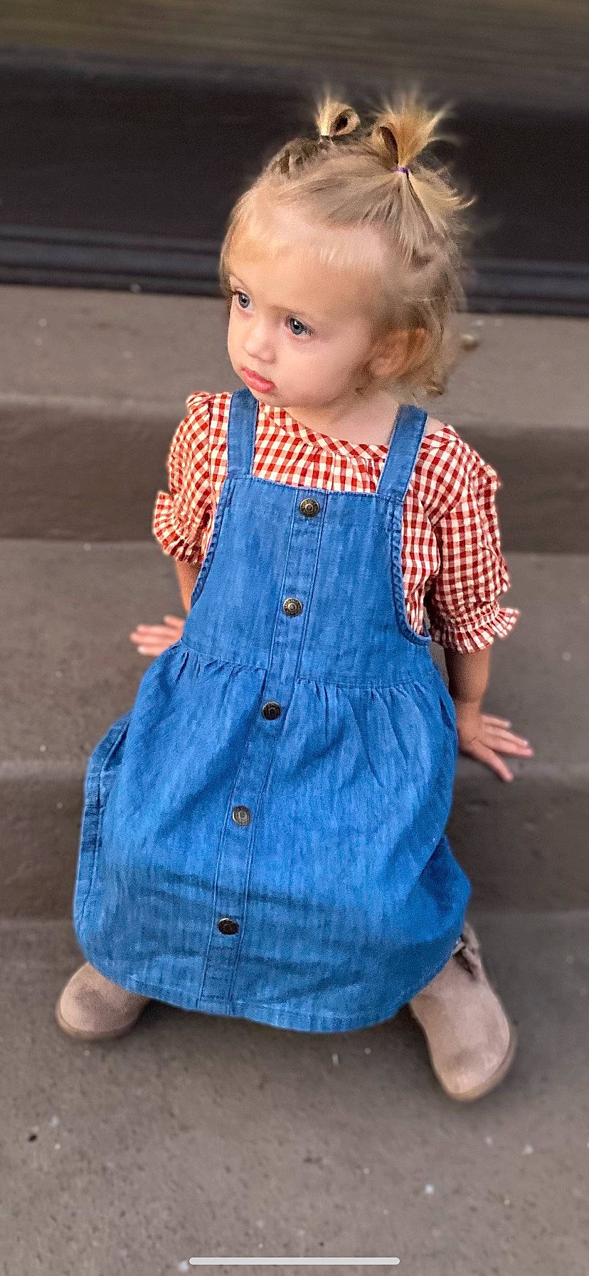 Kinslie joined the competition — help win amazing prizes! arm, baby, baby_toddler_clothing, day_dress, doll, dress, face, lip, neck, one_piece_garment, person, plaid, shoulder, skin, sleeve, street_fashion, t_shirt, tartan, toddler, waist