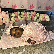 Maddison is registered to the contest to win money with this photo: baby, infant, pink_dress, headband, blanket, rose_petals, flowers, plush_toy, elephant_toy, blocks, carpet, indoors, cute, sleeping_baby, decorations, soft_toys, child, portrait, laying_down, baby_photography