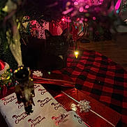 Baboo joined the competition — help win amazing prizes! cat, black_cat, christmas_tree, christmas_lights, gift_wrapping, holiday, festive, red_and_black_blanket, ornaments, decorations, indoors, pets, animal, holiday_decor, floor, cozy, night, dark, celebration, wrapped_presents