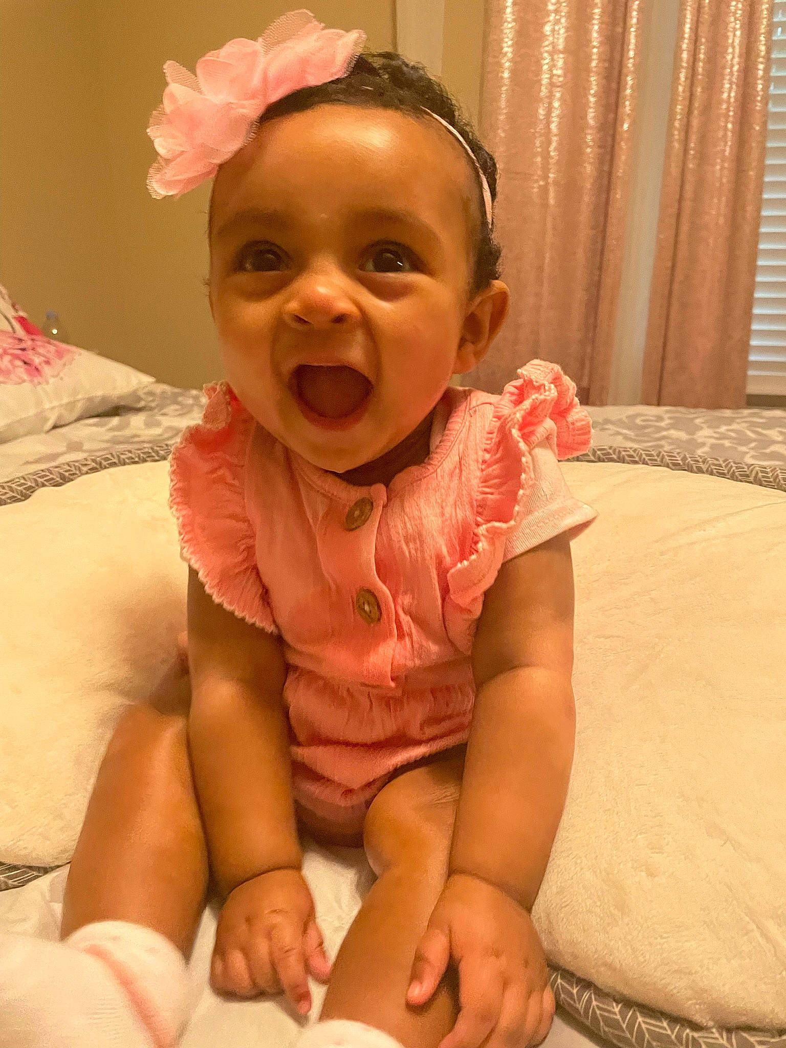 Mahlet is registered to the contest to win money with this photo: baby, baby_toddler_clothing, cheek, chin, comfort, curtain, eye, finger, happy, head, headgear, iris, lip, mouth, neck, person, pink, skin, sleeve, smile