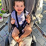 baby, stroller, smiling, child, outdoor, paving_stones, flower_pot, plants, sunlight, dog, pet, happy, baby_clothing, seatbelt, legs, feet, face, person, summer, daylight