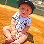 Caleb is registered to the contest to win money with this photo: baby, baseball, baseball_cap, child, dirt, field, hat, infant, jersey, outdoor, person, playing, sitting, sports, sunny, toy, young_child, cute, curious, daytime