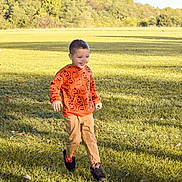 Braxton is registered to the contest to win money with this photo: child, boy, orange_sweater, pumpkin_pattern, grass, field, sunlight, autumn, fall, pumpkins, sunflowers, smiling, running, outdoor, nature, leaves, happy, casual_clothing, seasonal, festive