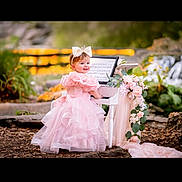 Hayley is registered to the contest to win money with this photo: child, cute, decorative, dress, flowers, garden, greenery, music, nature, outdoor, piano, pink_dress, playful, portrait, princess, sheet_music, smile, tiara, toddler, young_child