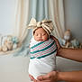 Samona joined the competition — help win amazing prizes! newborn, baby, swaddle, headwrap, bow, hands, portrait, sleeping, infant, soft_lighting, indoor, cute, child, wrapped, peaceful, background_blur, plush_toys, pastel_colors, studio, gentle