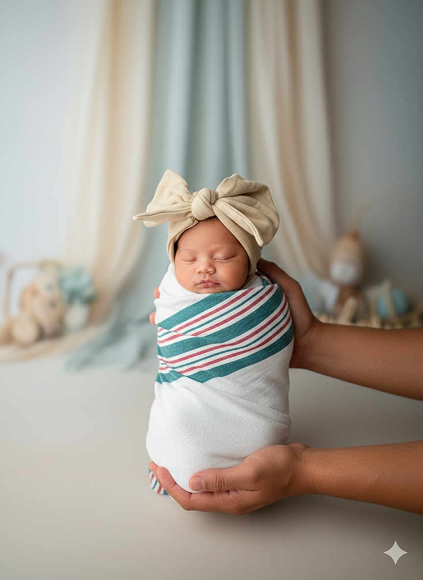Samona joined the competition — help win amazing prizes! newborn, baby, swaddle, headwrap, bow, hands, portrait, sleeping, infant, soft_lighting, indoor, cute, child, wrapped, peaceful, background_blur, plush_toys, pastel_colors, studio, gentle