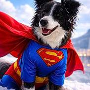 Cooper participe au concours pour gagner de l'argent avec cette photo : dog, border_collie, superhero, costume, cape, superman, snow, outdoor, winter, sky, clouds, portrait, sitting, happy, smiling, black_and_white, fur, pet, dramatic_lighting, adventure