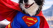 Cooper participe au concours pour gagner de l'argent avec cette photo : adventure, black_and_white, border_collie, cape, clouds, costume, dog, dramatic_lighting, fur, happy, outdoor, pet, portrait, sitting, sky, smiling, snow, superhero, superman, winter