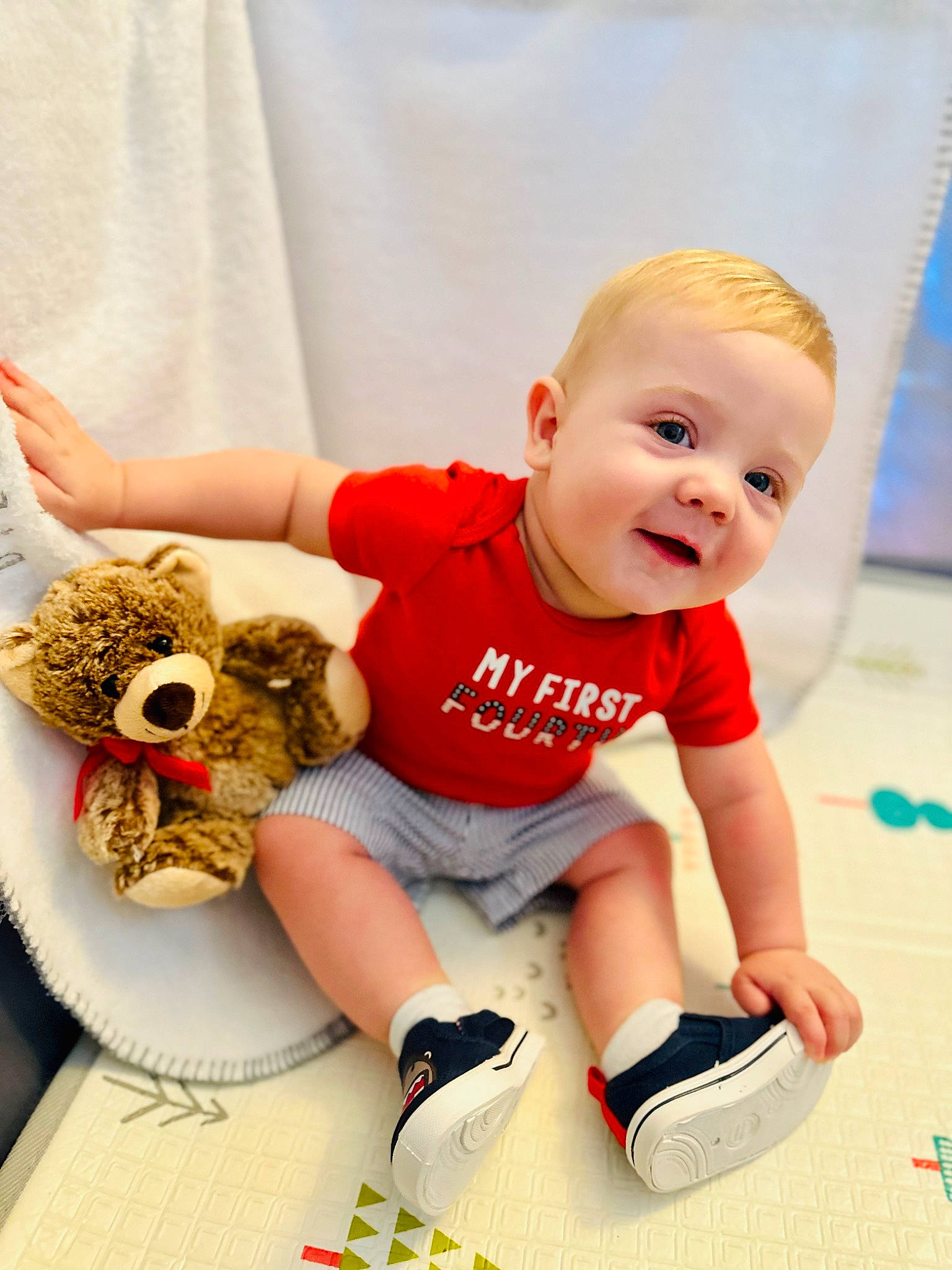 Quill joined the competition — help win amazing prizes! baby, baby_toddler_clothing, child, flooring, foot, fun, happy, human_leg, knee, person, sitting, sleeve, smile, sock, sportswear, stuffed_toy, t_shirt, thigh, thumb, toddler