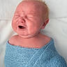baby, newborn, infant, blue_blanket, crying, wrapped, face, hair, skin, expression, portrait, closeup, child, person, cute, young, indoor, soft_light, blanket, human