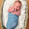 baby, newborn, basket, blanket, wrapped, sleeping, infant, blue, knit, soft, cozy, fluffy, white, skin, cute, hands, peaceful, portrait, wooden_floor, resting
