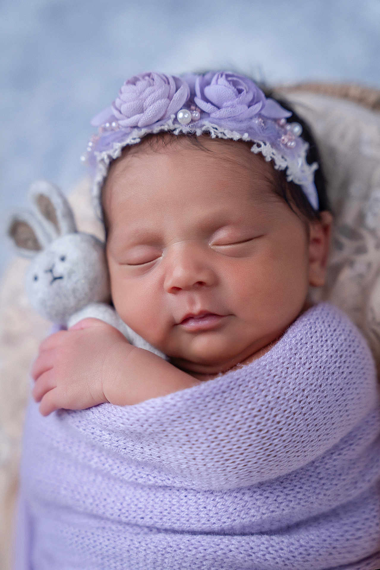 Sandra Isabelle joined the competition — help win amazing prizes! newborn, baby, sleeping, blanket, purple, headband, flower, plush, bunny, soft, cute, infant, wrapped, peaceful, closeup, portrait, child, hand, gentle, tender