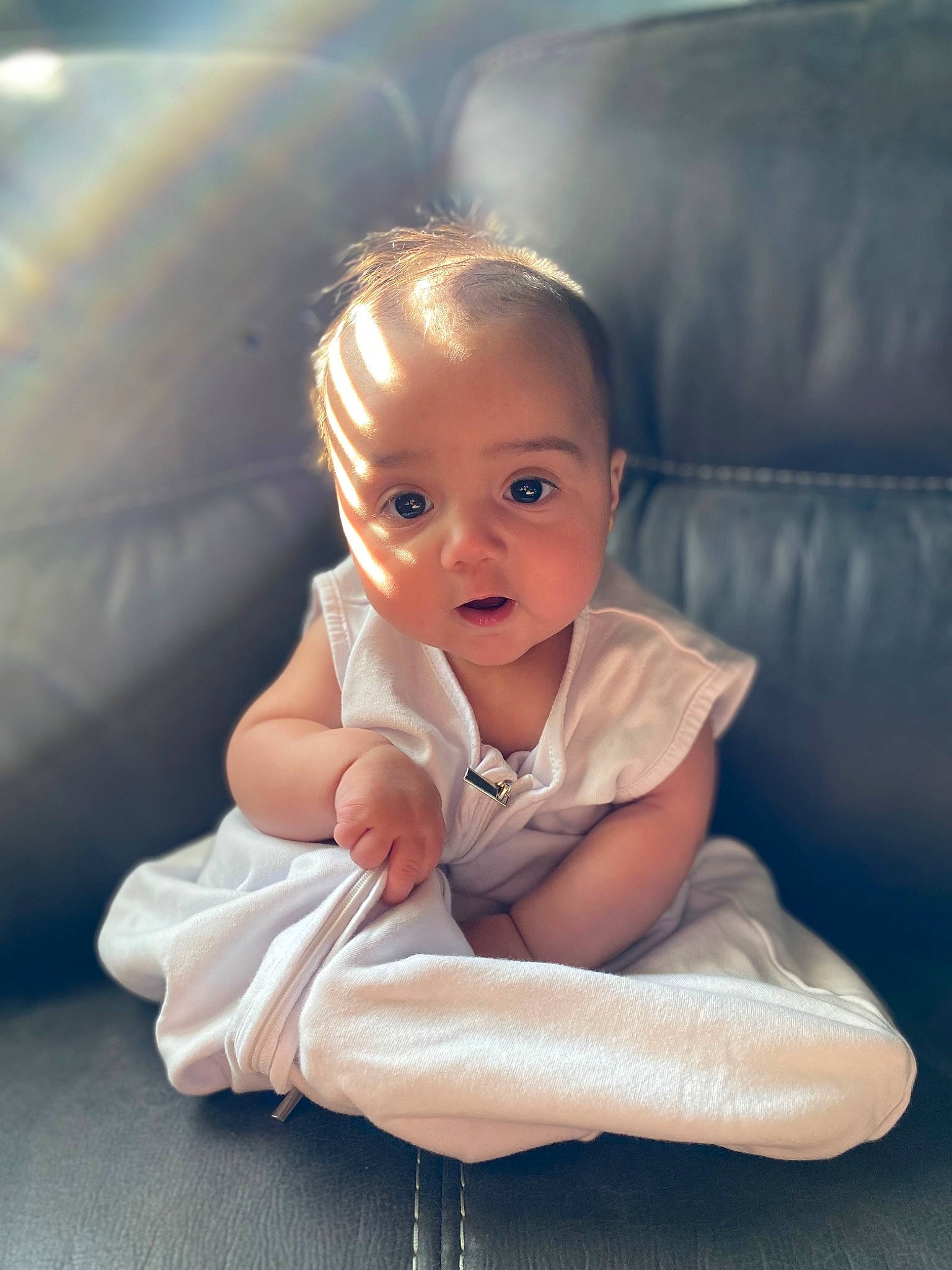 Cason joined the competition — help win amazing prizes! baby, baby_toddler_clothing, barefoot, cheek, chin, comfort, eye, flash_photography, foot, fun, gesture, happy, head, human_leg, iris, nose, person, sitting, sleeve, surprise