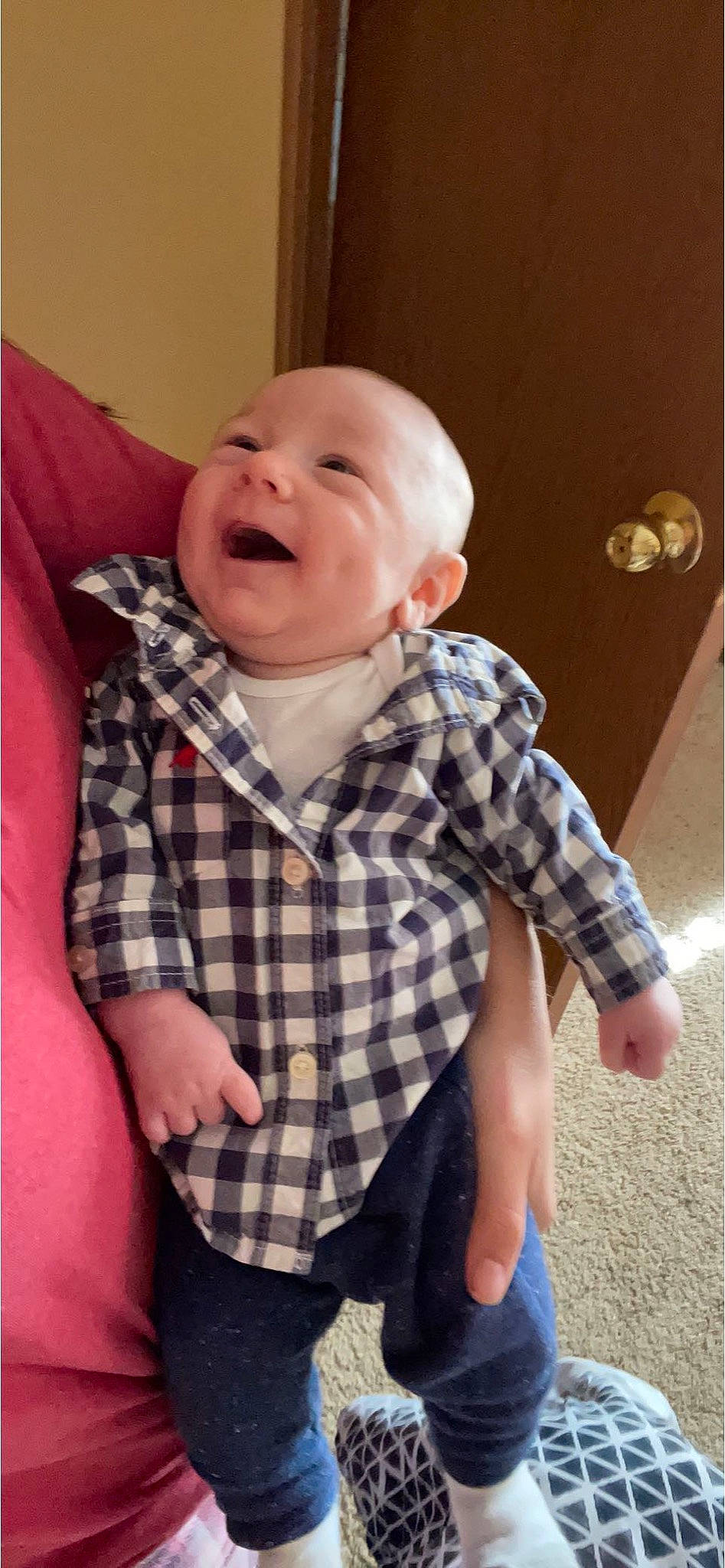 Greyson joined the competition — help win amazing prizes! baby, baby_toddler_clothing, cheek, collar, comfort, cool, dress_shirt, finger, gesture, iris, lip, mouth, nose, person, plaid, shirt, sleeve, smile, standing, tartan