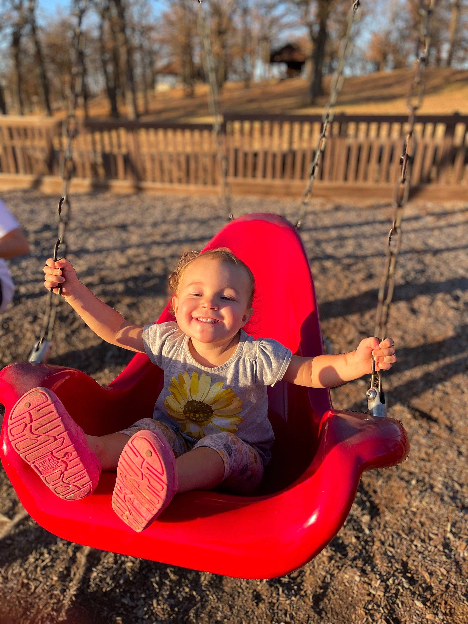 Jaslyn is registered to the contest to win money with this photo: chair, fun, grass, happy, joy, landscape, leisure, outdoor_play_equipment, outdoor_recreation, people_in_nature, person, plant, recreation, shoe, sitting, sky, smile, sneakers, swing, toddler