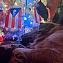 dog, christmas_tree, lights, flag, puerto_rican_flag, decorations, holiday, festive, cozy, sleeping, fur, indoors, relaxation, celebration, white_tree, ornaments, night, warm_lighting, holiday_decor, resting