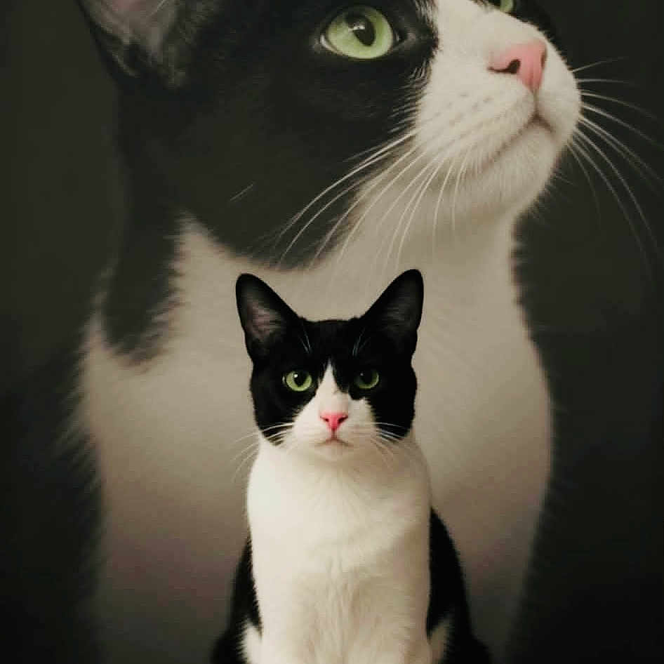 Hans is registered to the contest to win money with this photo: animal, background, black_and_white, calm, cat, close_up, cute, domestic_cat, dramatic_lighting, feline, focused, green_eyes, indoor, large_face, pet, pink_nose, portrait, sitting, whiskers, wooden_surface