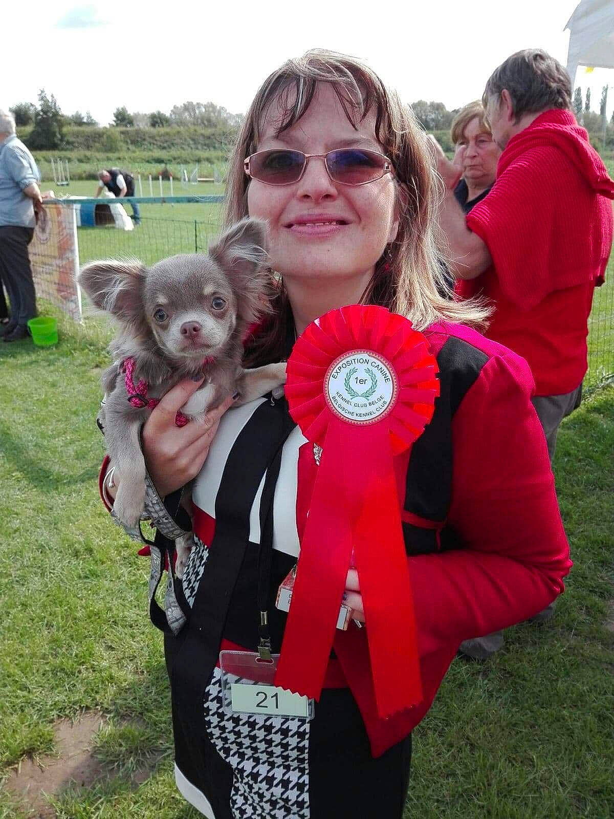 Kismy participe au concours pour gagner de l'argent avec cette photo : companion_dog, dog_breed, event, eyewear, fun, fur, glasses, goggles, grass, happy, outerwear, pink, plant, public_event, recreation, sky, smile, sunglasses, toy, vision_care