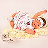 baby, infant, child, white_dress, headband, smiling, lying_down, flowers, roses, knitted_blanket, cute, portrait, studio, adorable, newborn, pose, happy, white_background, two_months, celebration