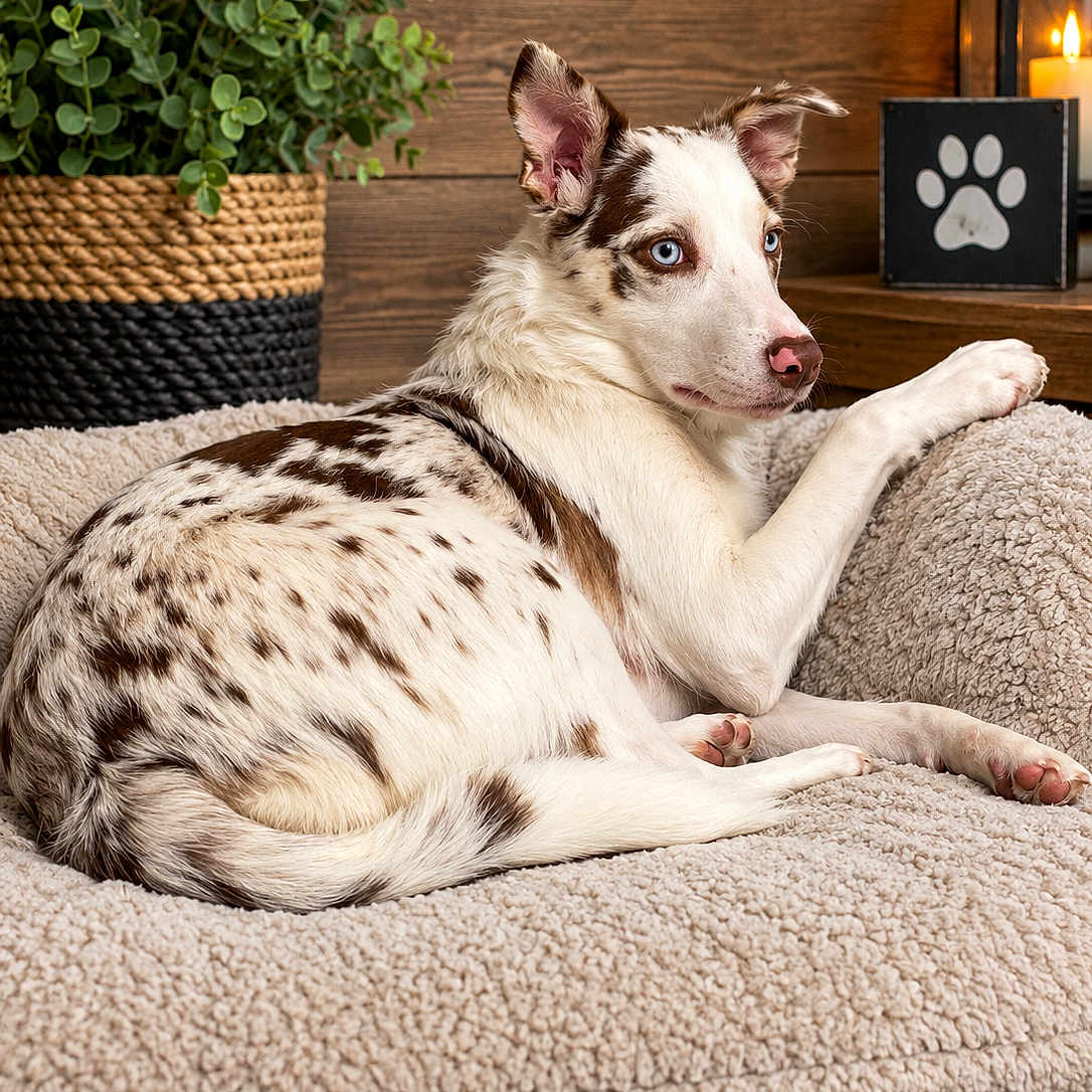 Lorretta Lynn joined the competition — help win amazing prizes! dog, puppy, blue_eyes, spotted_coat, white_fur, brown_markings, lying_down, relaxed, portrait, pet, indoors, cozy, dog_bed, blanket, wood_paneling, houseplant, lantern, paw, animal, home_decor