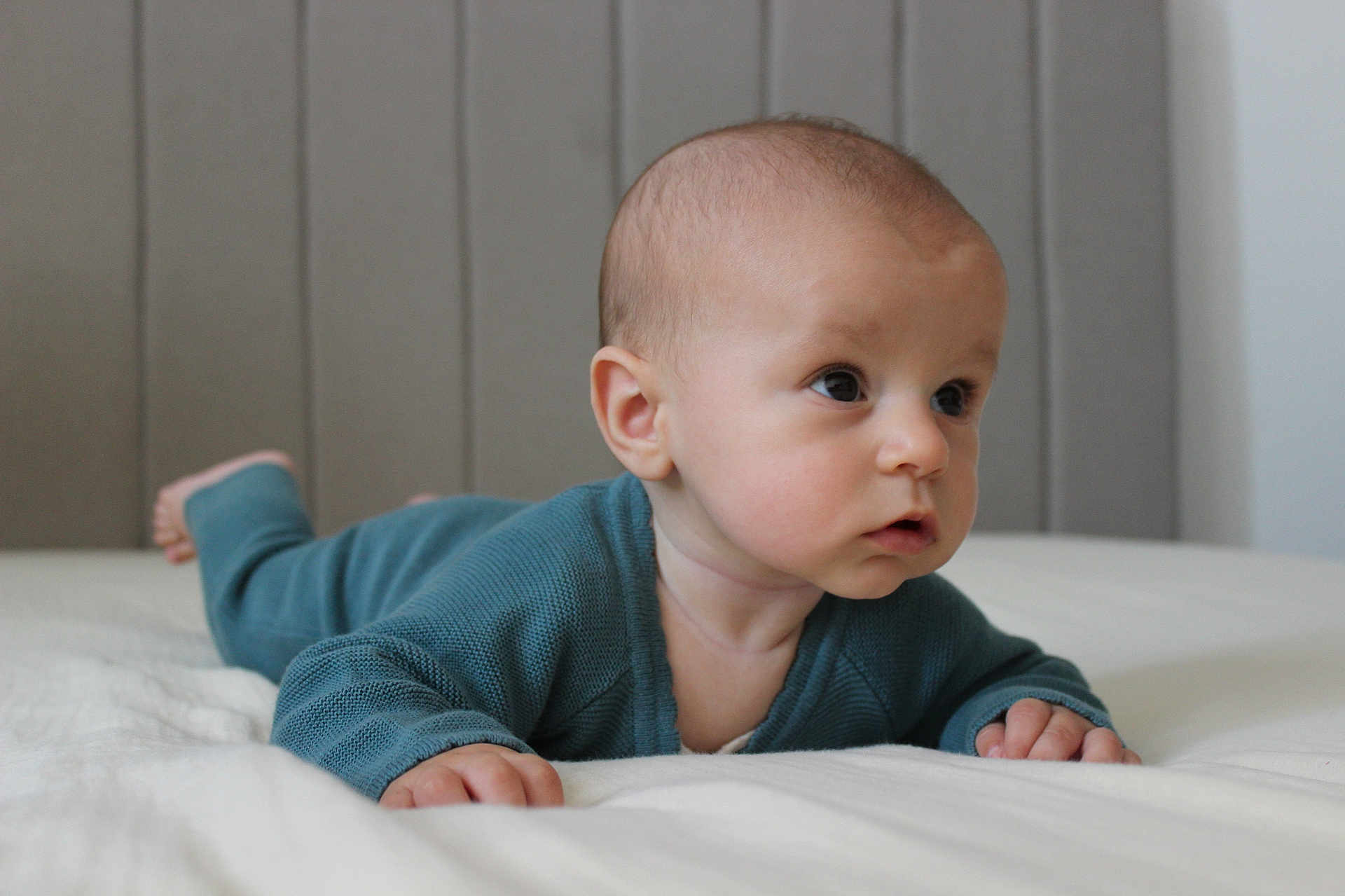 Eden participe au concours pour gagner de l'argent avec cette photo : baby, infant, child, bed, blanket, blue_clothing, face, head, eyes, hands, skin, portrait, indoors, resting, young_child, curious, cozy, soft_texture, home, neutral_background