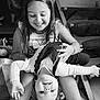 child, toddler, smiling, happy, indoor, playful, upside_down, long_hair, sitting, clothing, furniture, television, stairs, hand, face, legs, floor, toy, black_and_white, person